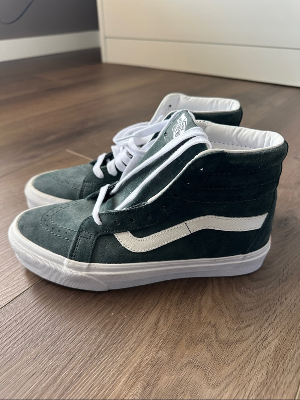 Vans Men’s High-Top Suede Sneakers in Dark Green and White